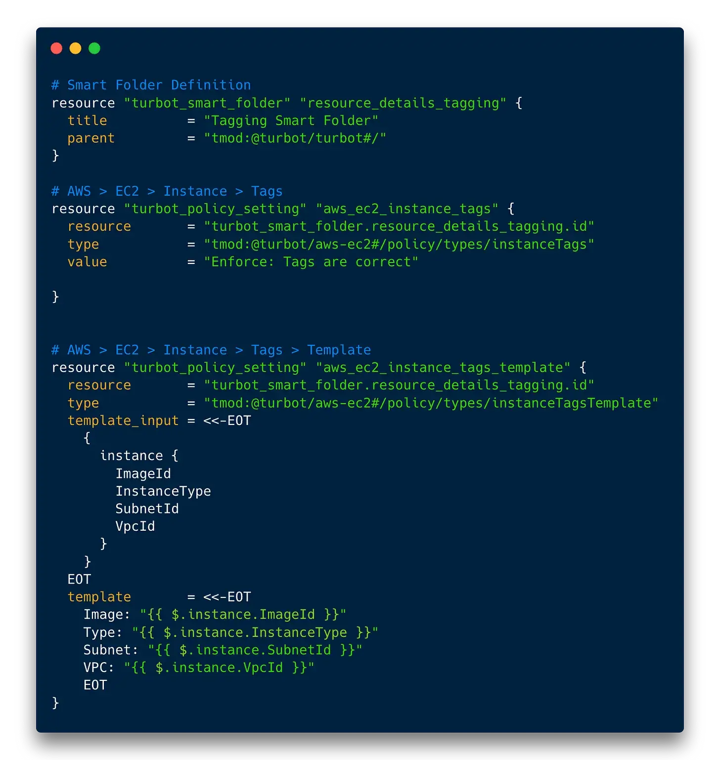 Terraform template to set the AWS > EC2 > Instance > Tags and Tags > Template.