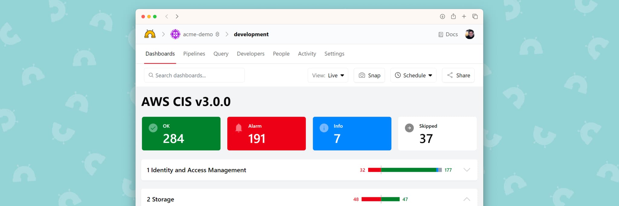 Instantly check compliance to the latest AWS CIS benchmark in an always-free Turbot Pipes Developer account. Setup in minutes with interactive dashboards you can share with your team.