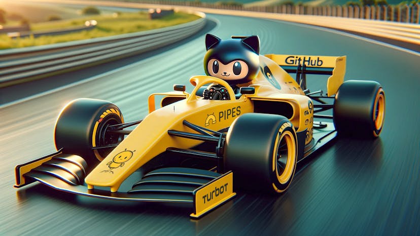 Octocat driving a Turbot F1 car.