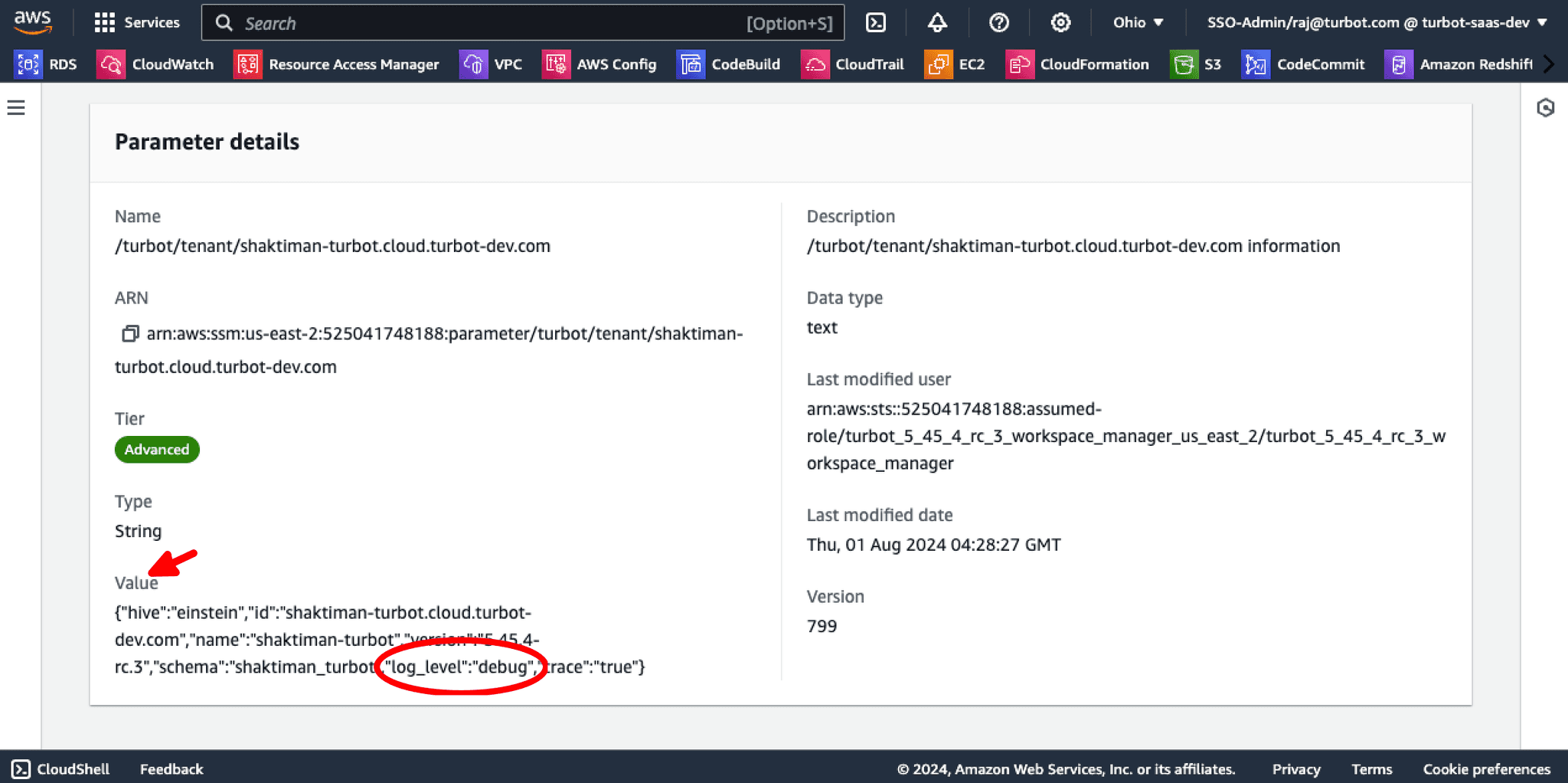 SSM Workspace Parameter Value