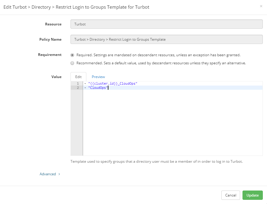 Picture of "Turbot>Directory>Restrict Login to Groups Template" policy