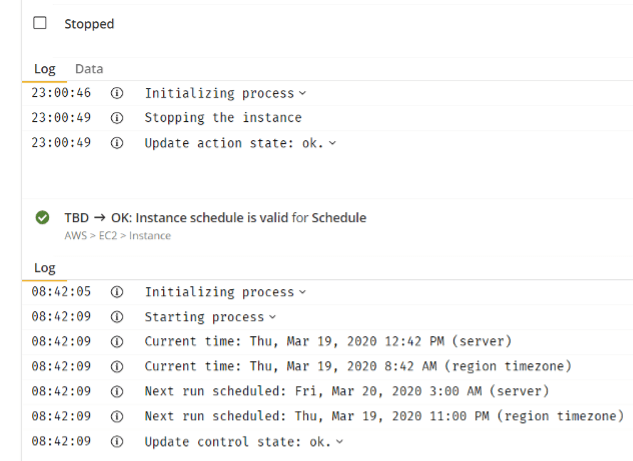 Example of an Instance Schedule Control initiated, executed, and then has Stopped the Instance