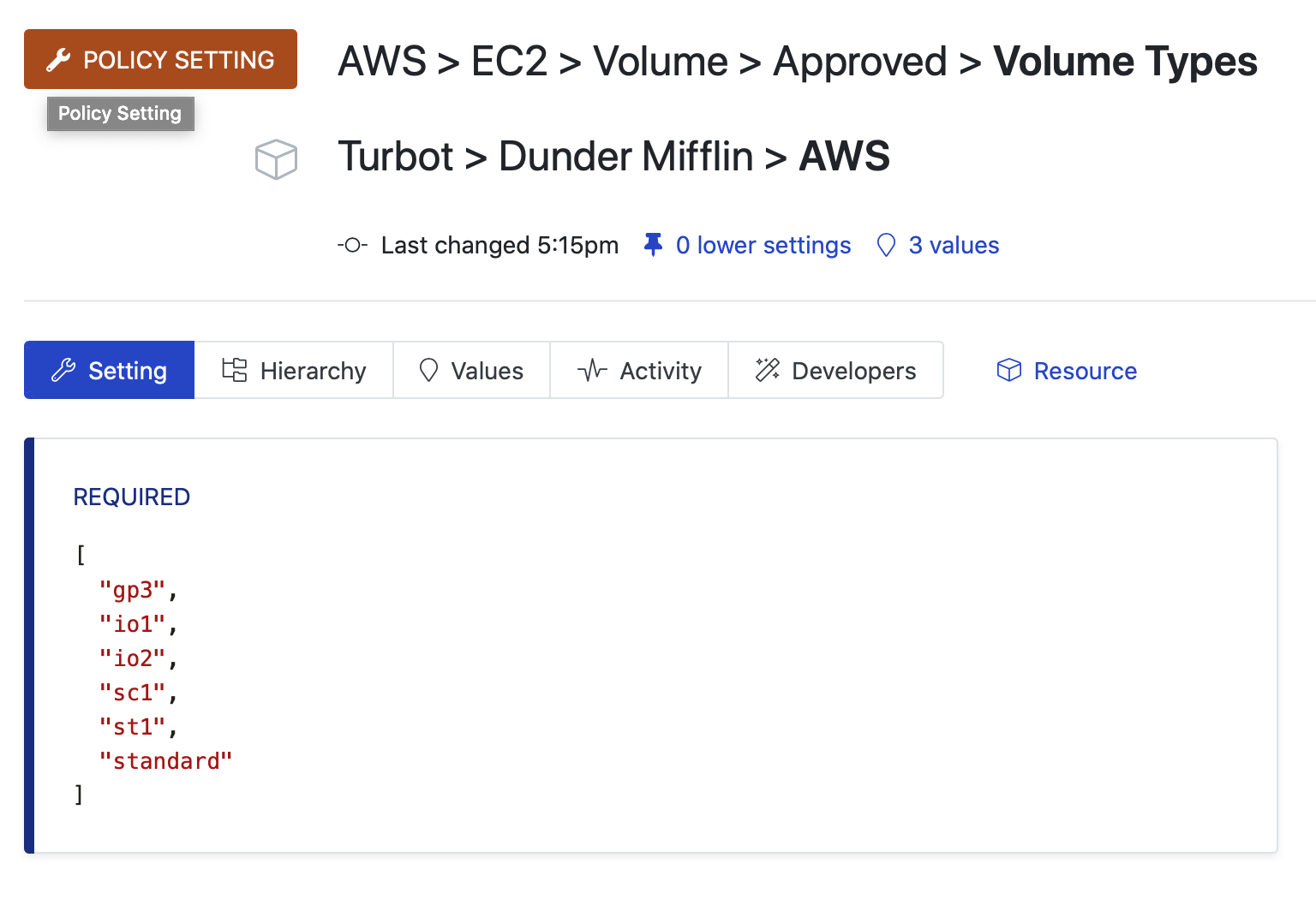 screen shot of turbot Guardrails console showing setting for aws > ec2 > ebs > volume > approved > volume type.