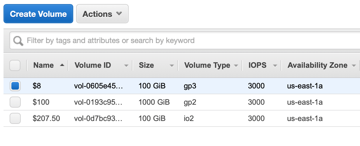 screen capture of ec2 console with 3 ebs volumes shown