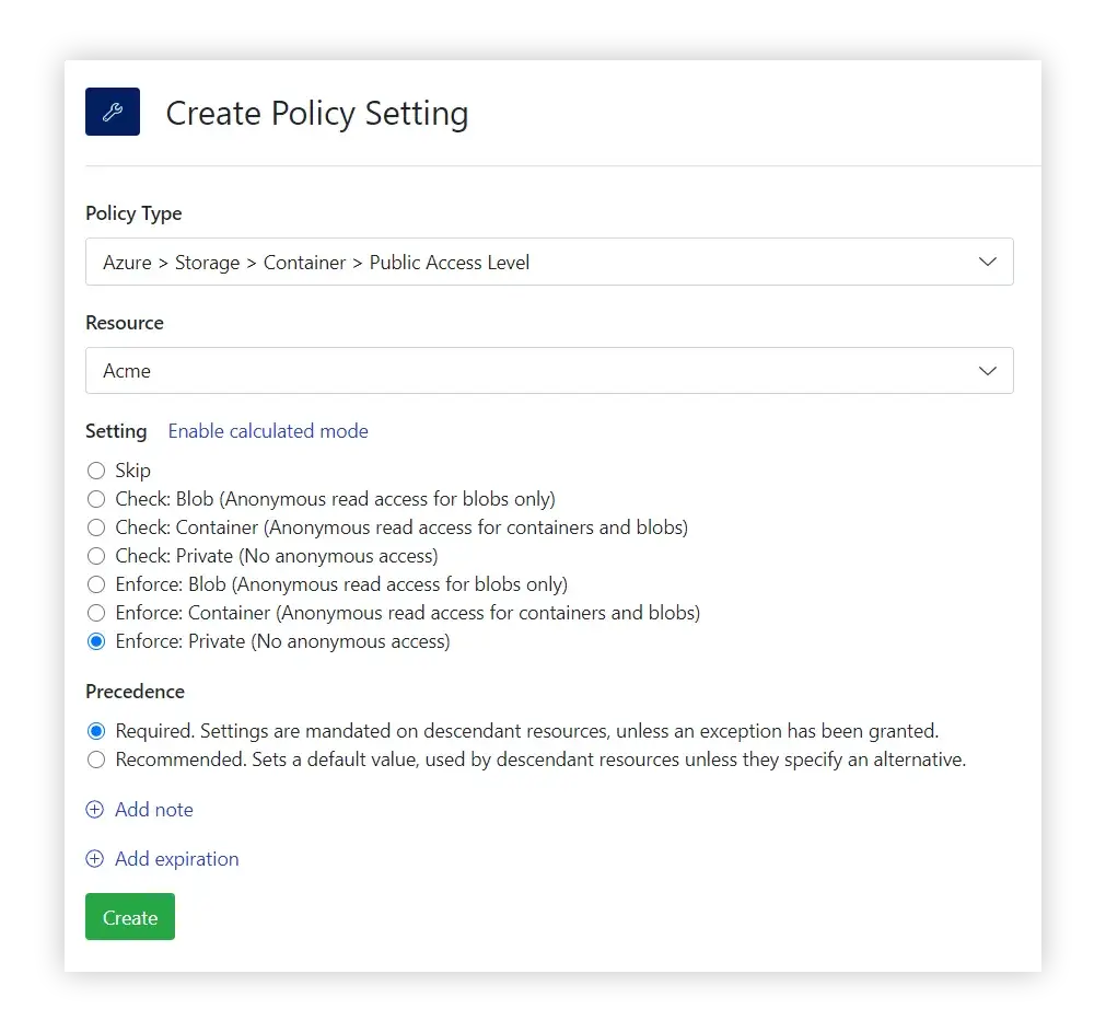 Create a new policy to disable public access on containers and blobs.