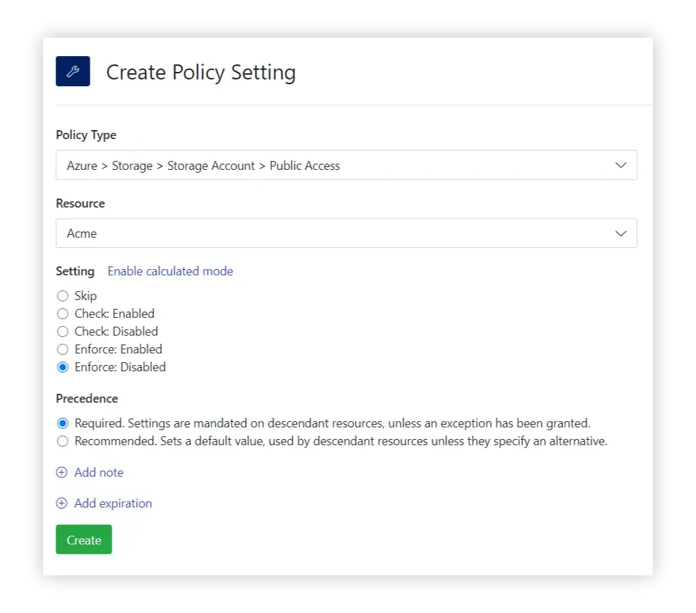 Create a new policy to disable public access on the storage account level.
