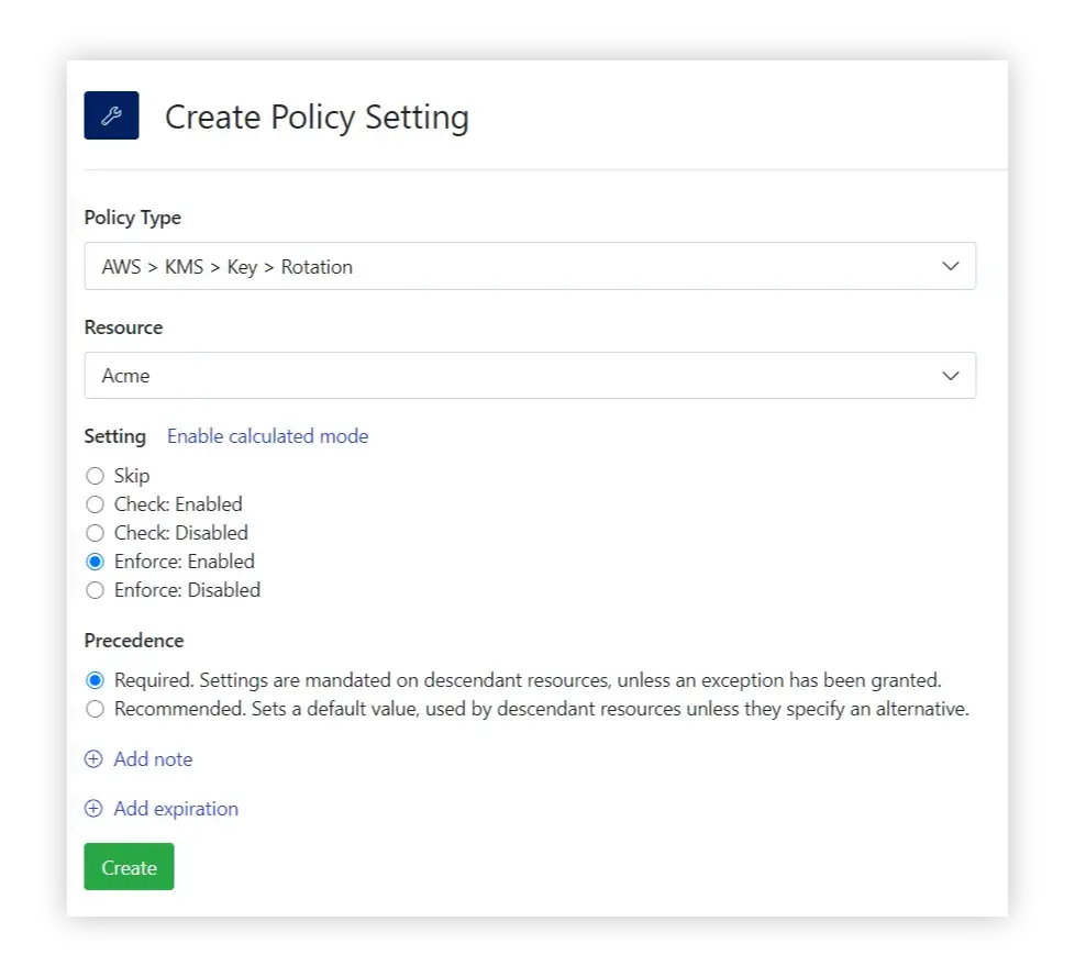 Set a policy to take corrective action for enabling automated key rotation.