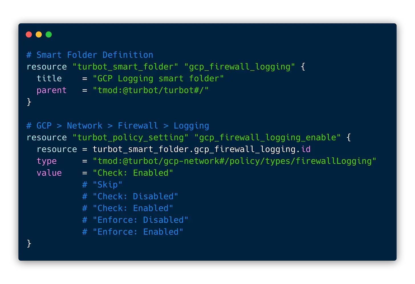 Terraform template to set the GCP > Network > Firewall > Logging policy.