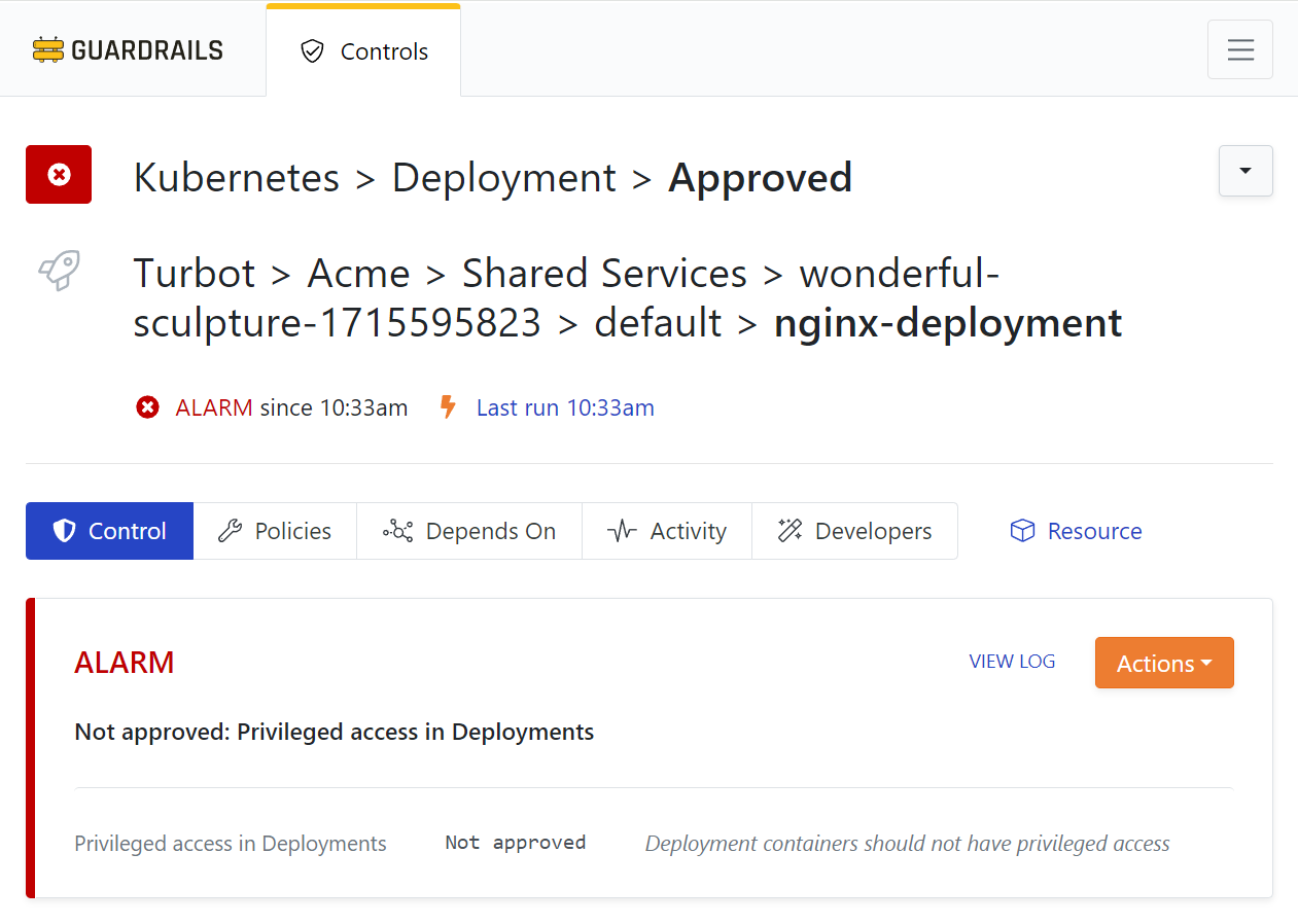 Kubernetes deployment with privileged access alert