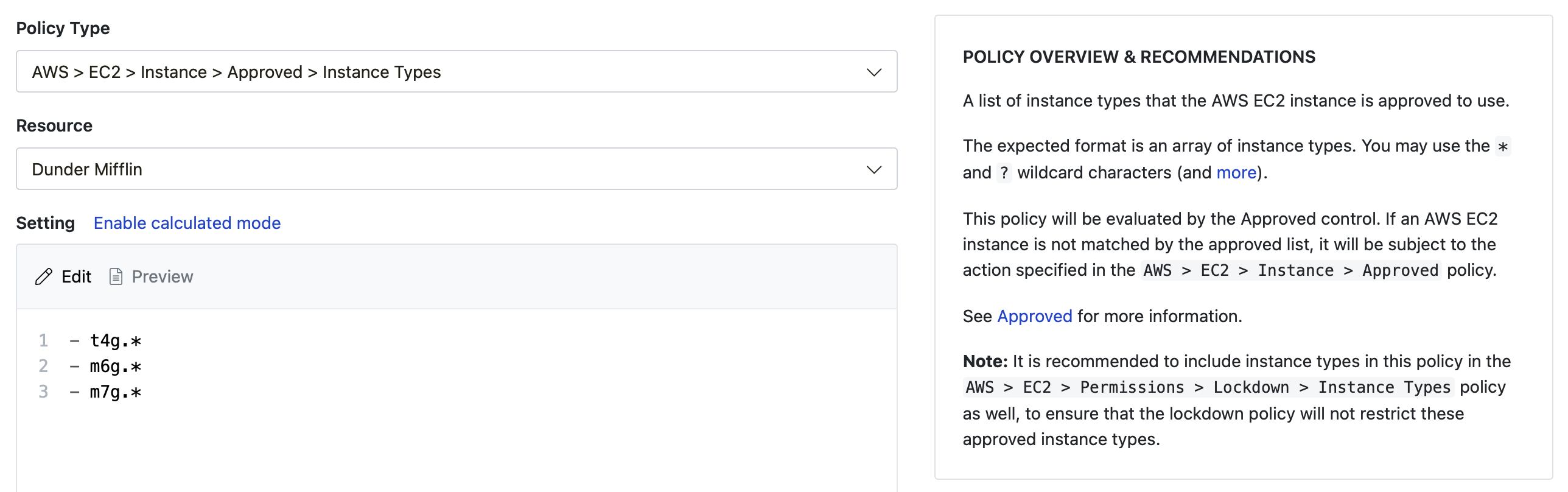 Policy setting to approve new instance types